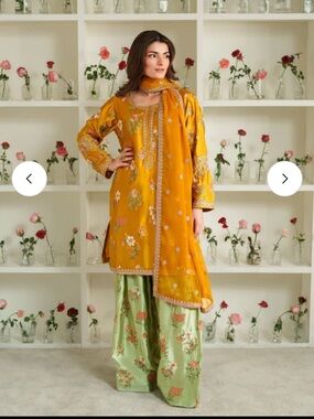 Mustard Yellow Embroidered Kurta with Green Floral Palazzo Set